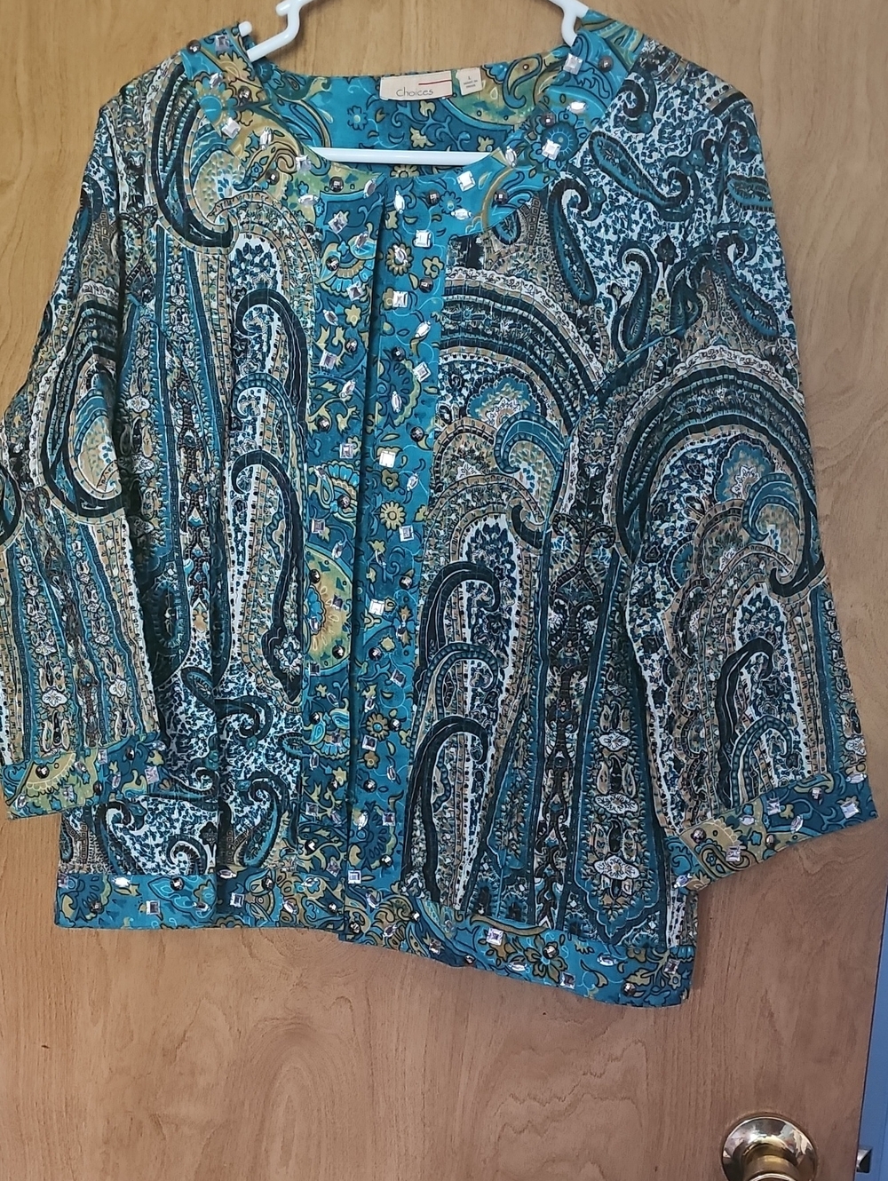 Chico's Teal Paisley Button-Front Shirt Jacket